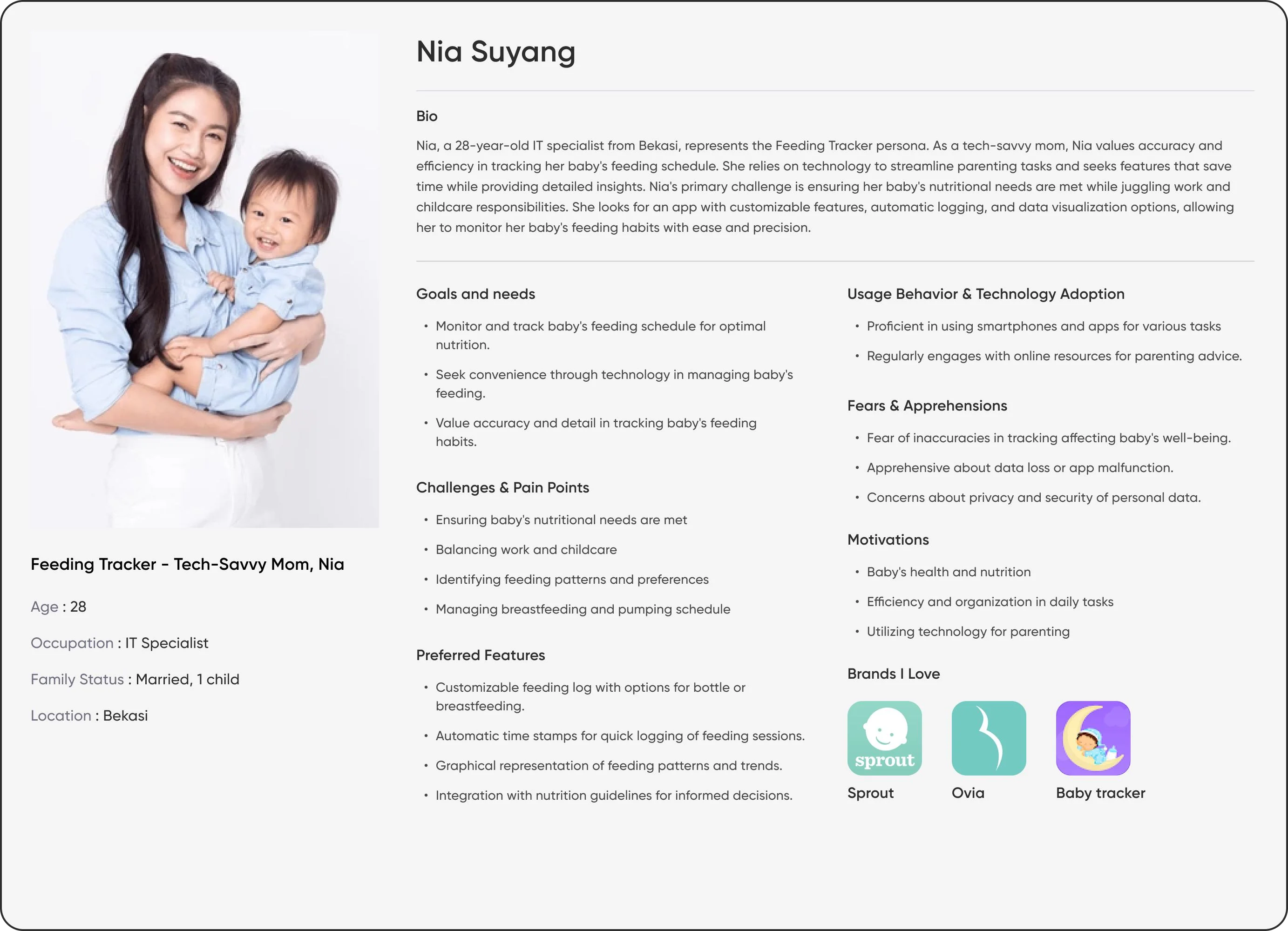 Persona card for Nia Suyang, Tech-Savvy Mom