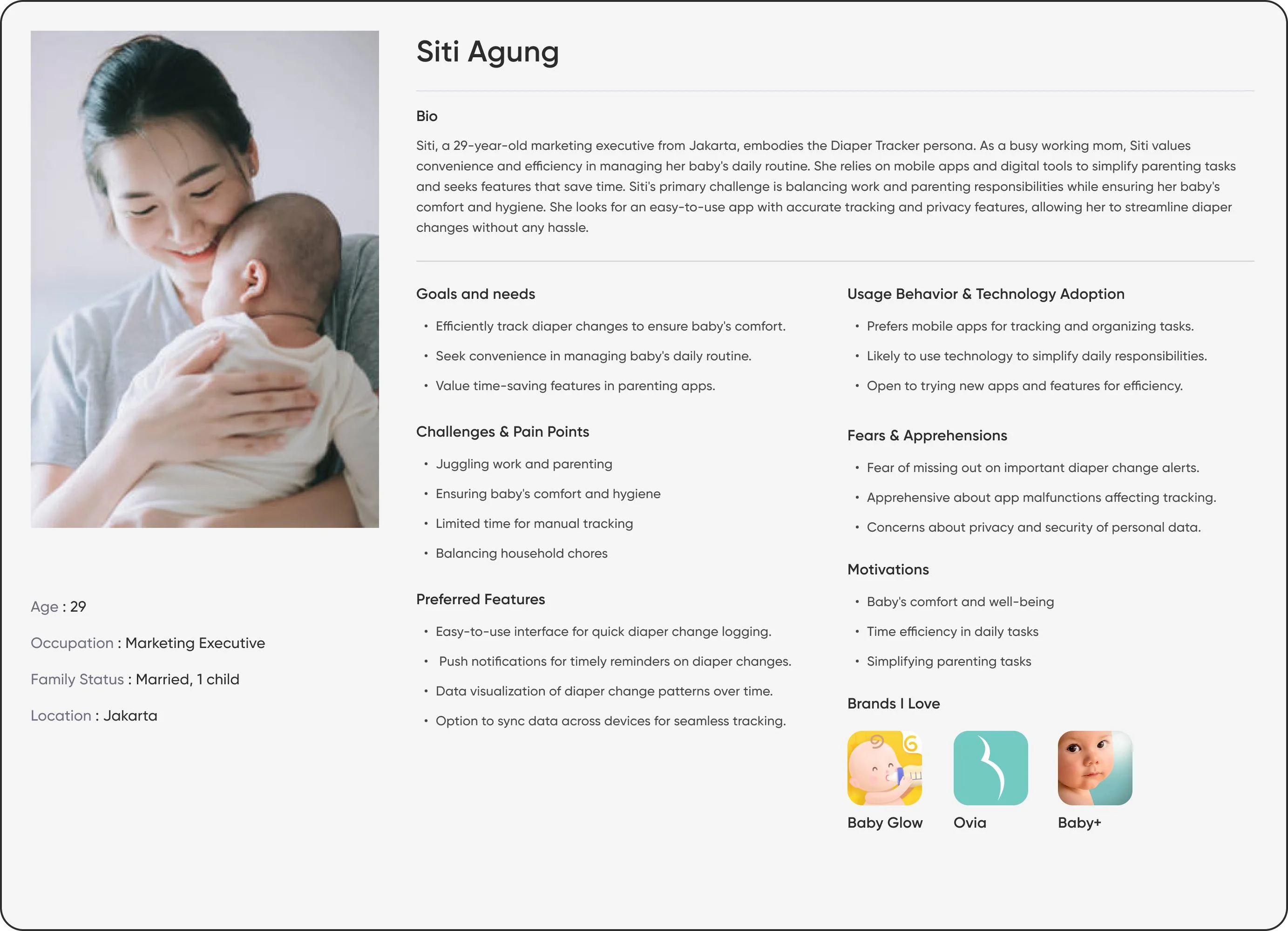 Persona card for Siti Agung, Busy Working Mom